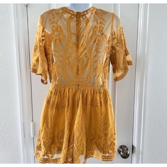Wild Honey Womens Mustard Embroidered Sheer Romper M - Picture 3 of 10